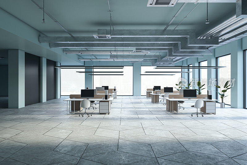 现代宽敞的联合办公室内，配有家具，窗户和城市景观。3 d渲染。